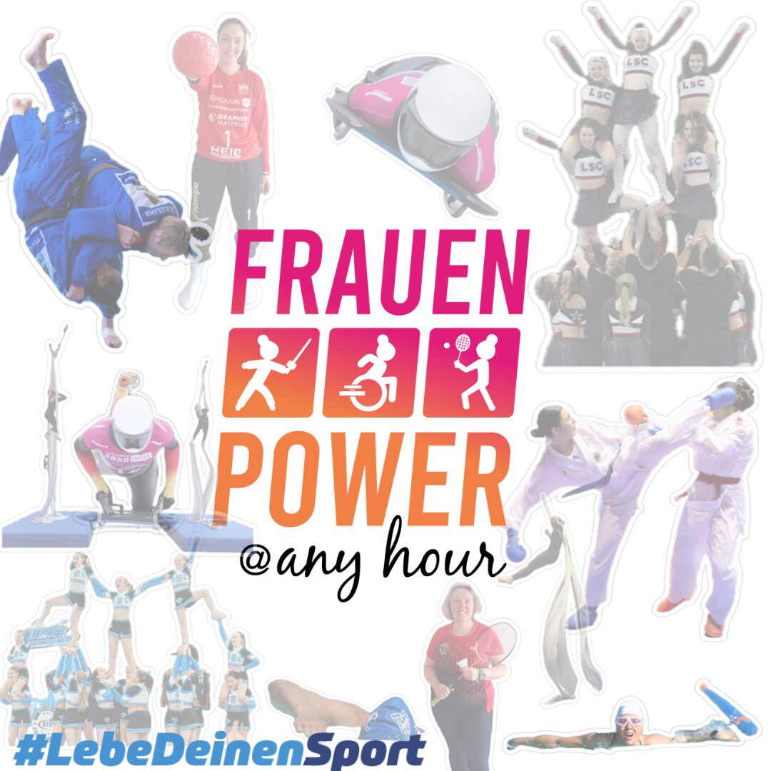 Logo: „Frauen Power @ any hour“. Drumherum Bilder von Frauen, die unterschiedliche Sportarten ausüben